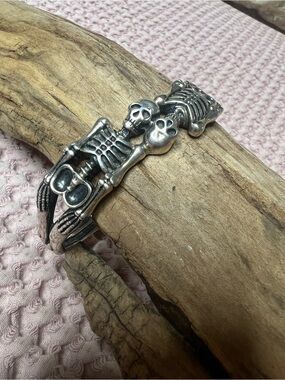 925 Sterling Silver Skeleton Couple Adjustable Cuff Bracelet 32g